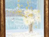 a painting of a vase with yellow flowers on a table