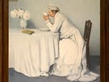painting of a woman sitting at a table with a book and a vase of flowers