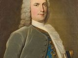 un tableau représentant un homme en costume bleu et chemise blanche