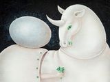 a painting of a white horse holding a blue egg