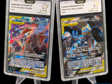 Deux cartes Pokémon sont présentées dans des pochettes en plastique sur un fond noir.