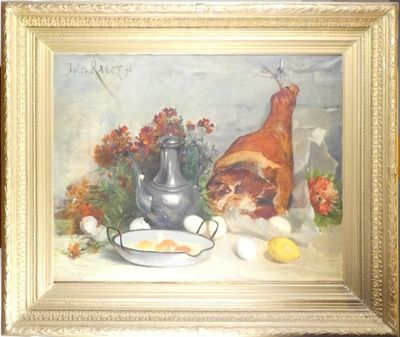 une photo d'un tableau représentant un chat et un bol de nourriture