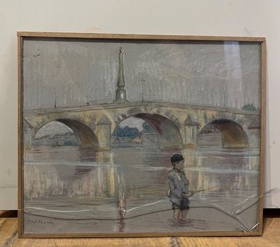 un tableau représentant un homme debout sur un bateau au milieu de l'eau