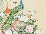 a painting of a peacock sitting on a branch of a tree
