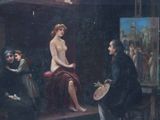 painting of a woman sitting on a stool in front of a group of people