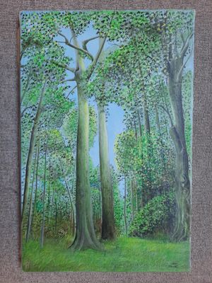 painting of a forest scene with trees and grass in the foreground