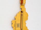a small gold violin shaped brooch on a white surface