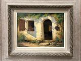 une peinture à l'huile représentant une maison avec une porte et une fenêtre