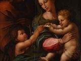 une image représentant un tableau où l'on voit une femme tenant un bébé dans ses bras, accompagnée de deux autres personnes