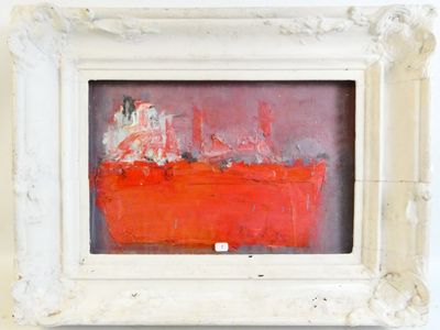 painting of a red boat in a white frame hanging on a wall