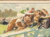 a painting of two horses and jockeys racing on a track