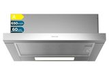 a close up of a stainless steel range hood with a light on it