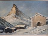 tableau représentant un paysage de montagne enneigé, avec une église et une montagne en arrière-plan