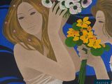 painting of two women holding flowers in front of a blue background