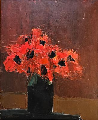 une peinture de fleurs rouges dans un vase sur une table