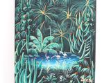 un tableau représentant une scène de jungle avec des flamants roses dans l'eau
