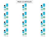 lot de 12 articles sur fond blanc, avec des carrés bleus et verts