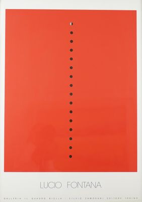 a red and white poster with black dots on it