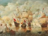 an oil painting of a group of ships in a body of water