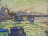 une peinture d'un bateau sur l'eau près d'un pont