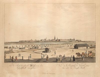 dessin représentant une vue de ville avec une calèche au premier plan