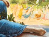 a painting of a woman laying on the ground in front of a group of people
