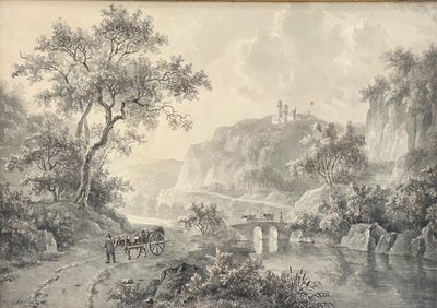 Willem DE KLERK (1800-1876). Paysage animé au pont et aux ru…