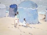 a painting of a woman and two children on the beach