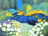 painting of flowers in a garden with blue and yellow colors