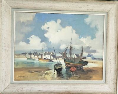 a picture of a painting of boats on the beach