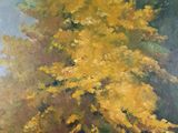painting of a tree with yellow leaves in a vase on a table