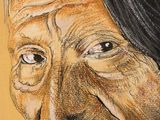 painting of an old woman holding a piece of paper in front of her face