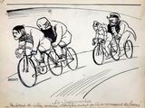 drawing of a group of men riding bicycles on a track