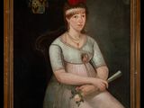 painting of a woman in a white dress and red hat holding a book