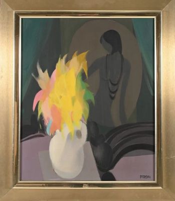 a painting of a vase with flowers on a table