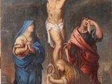 une image d'une peinture de jésus sur la croix avec d'autres personnes