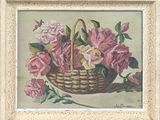 un tableau représentant des roses roses dans un panier posé sur une table