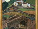 une peinture à l'huile représentant un pont enjambant une rivière, avec un château sur une colline en arrière-plan