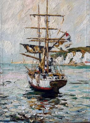 an oil painting of a boat in a body of water with cliffs in the background
