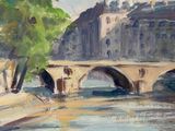an oil painting of a bridge over a river with a building in the background