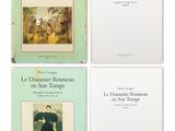 four books on the cover of a book with a picture of a woman in a green dress