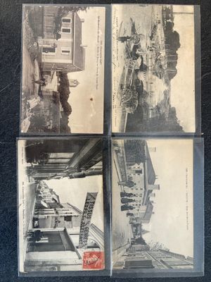 four old black and white photos of a building and a street