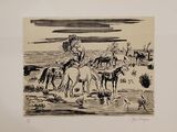 dessin représentant un groupe de chevaux dans un champ, avec le ciel en arrière-plan