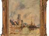 un tableau représentant des bateaux dans un port, avec un château en arrière-plan