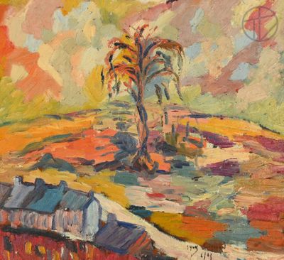 une peinture représentant un palmier sur une colline, avec le ciel en arrière-plan