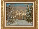 a painting of a snowy landscape with trees in the foreground