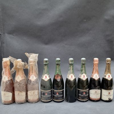 six bottles of champagne are lined up in a row on a gray background