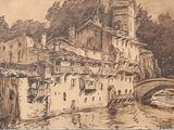 dessin représentant un village avec un pont et un clocher d'église