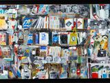 a painting of a bookshelf with many books on it