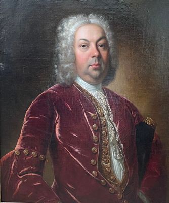 an old painting of a man in a red coat and white hair